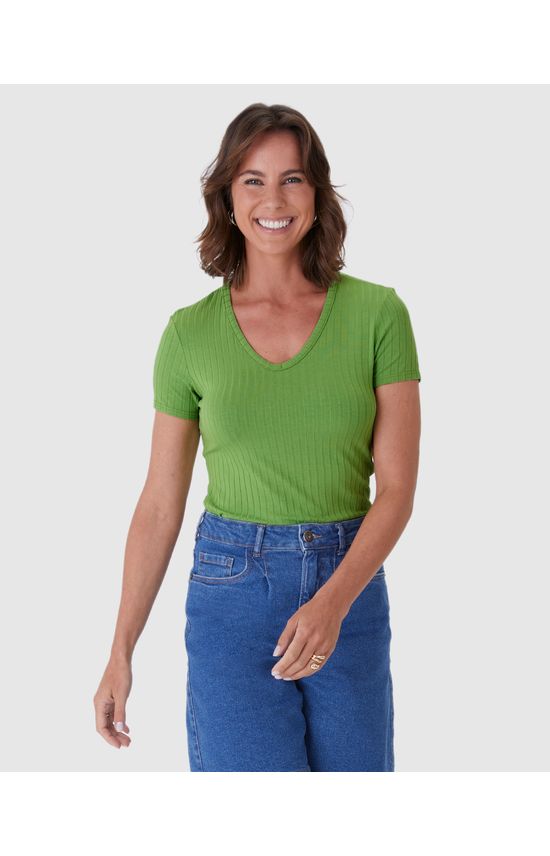 Blusa Básica Feminina Justa Decote V Em Malha Canelada De Viscose