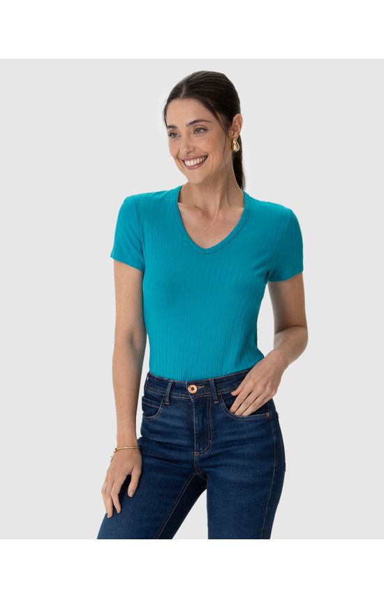 Blusa Básica Feminina Justa Decote V Em Malha Canelada De Viscose