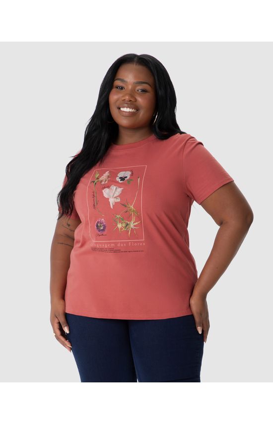 Camiseta Feminina Plus Size Linguagem Das Flores Em Algodão