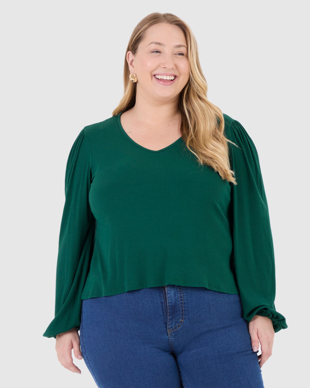 Blusa Feminina Plus Size Decote V Manga Longa em Malha Viscose Canelada