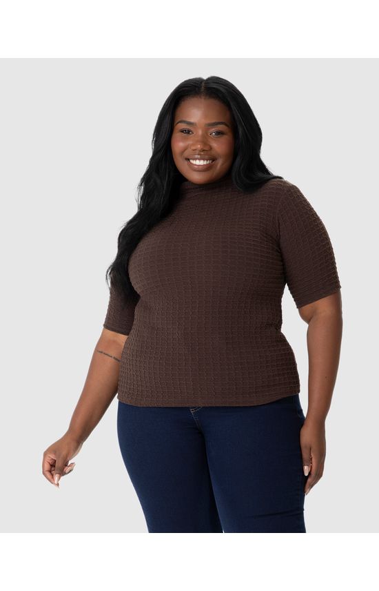 Blusa Feminina Plus Size Justa Gola Alta Em Jacquard Texturizado