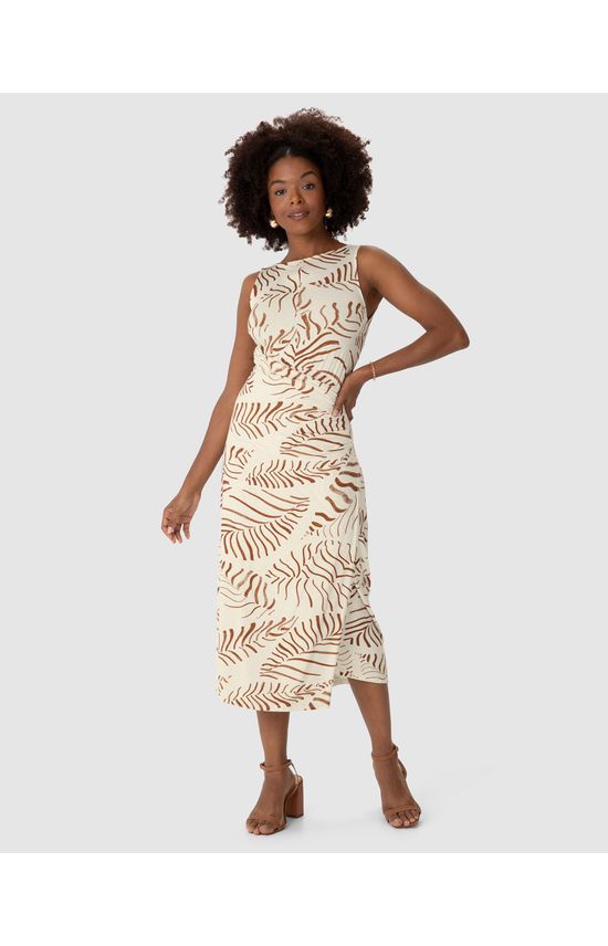 Vestido Midi Feminino Pregas Laterais Em Malha Viscolinho Stretch