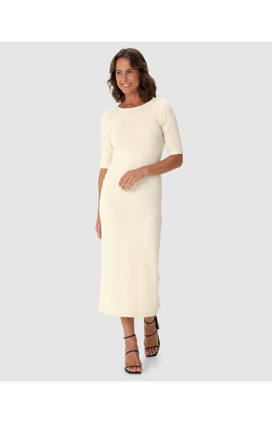 Vestido Midi Feminino Justo Decote Canoa Em Jacquard Texturizado
