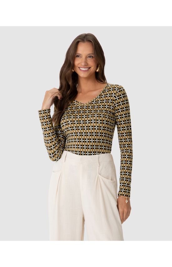 Blusa Justa Feminina Decote V Estampada Em Viscose Stretch