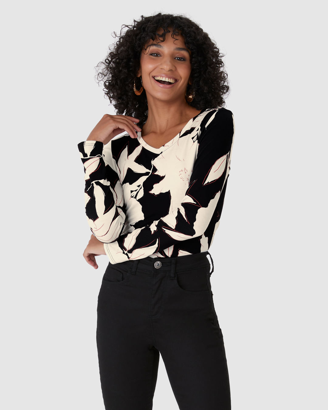 Blusa Justa Feminina Decote V Estampada Em Viscose Stretch