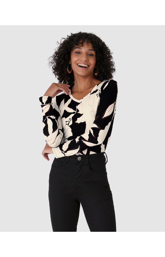 Blusa Justa Feminina Decote V Estampada Em Viscose Stretch
