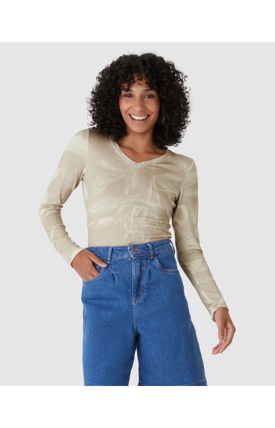Blusa Justa Feminina Decote V Estampada Em Viscose Stretch