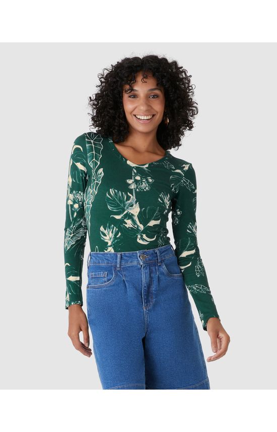 Blusa Justa Feminina Decote V Estampada Em Viscose Stretch