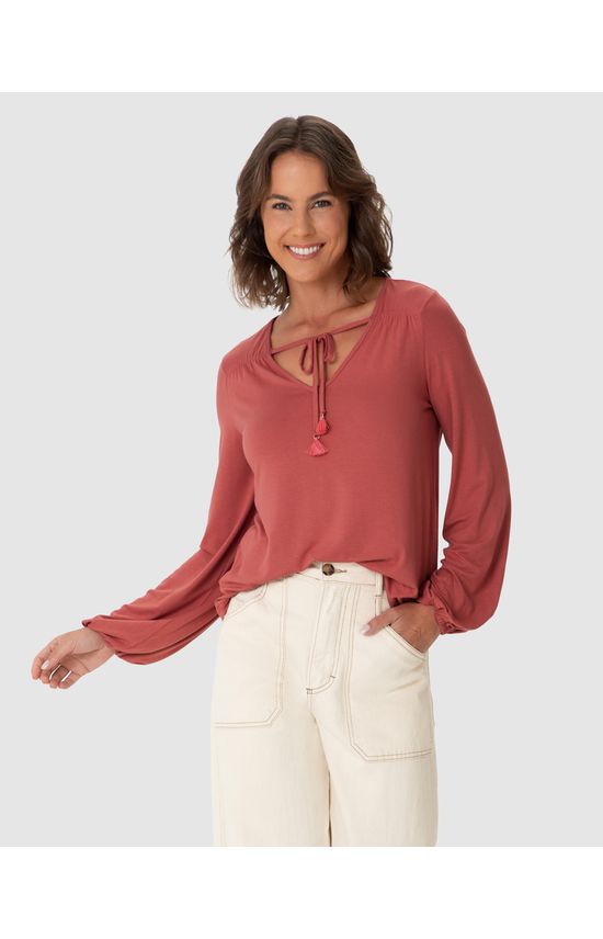 Blusa Feminina Amarração No Decote Em Malha Viscolinho Stretch