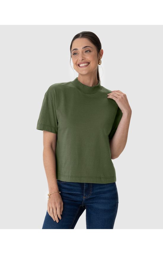 Blusa Básica Feminina Gola Alta Manga Curta Em Algodão