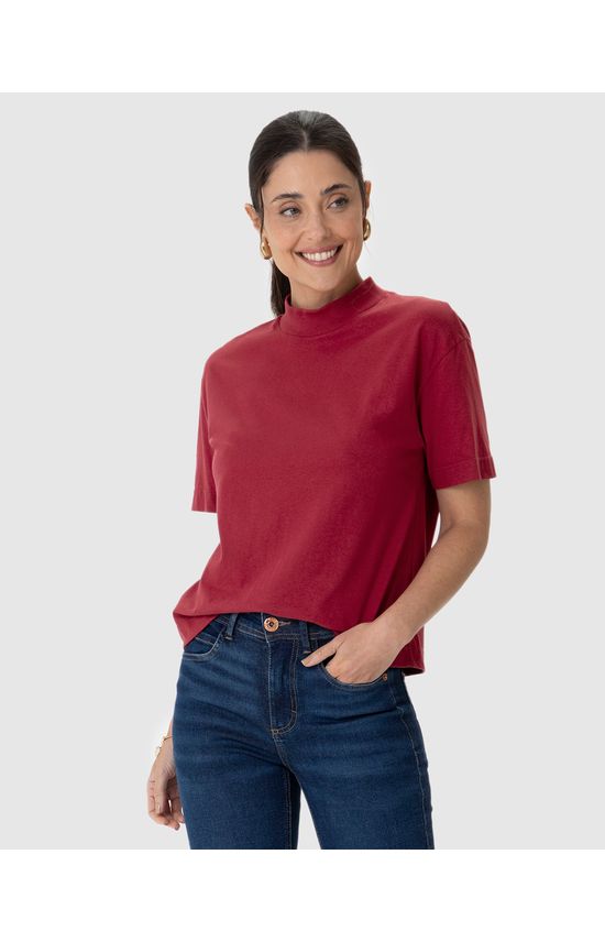 Blusa Básica Feminina Gola Alta Manga Curta Em Algodão