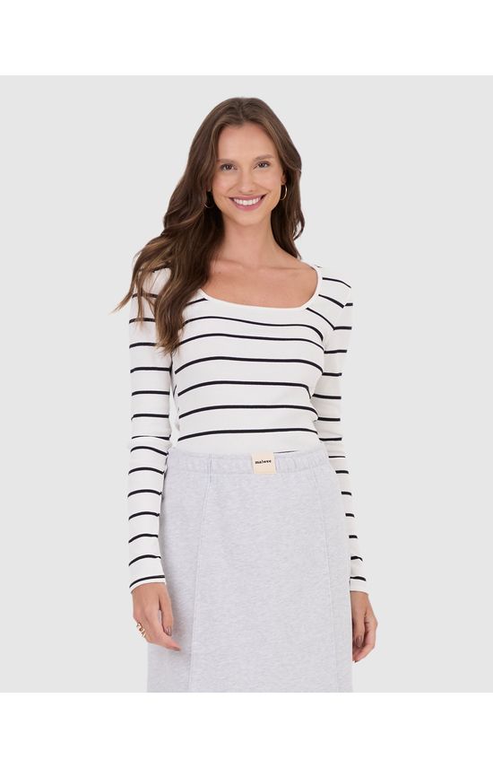 Blusa Feminina Justa Decote Quadrado Em Ribana Listrada
