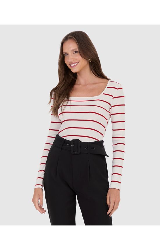 Blusa Feminina Justa Decote Quadrado Em Ribana Listrada
