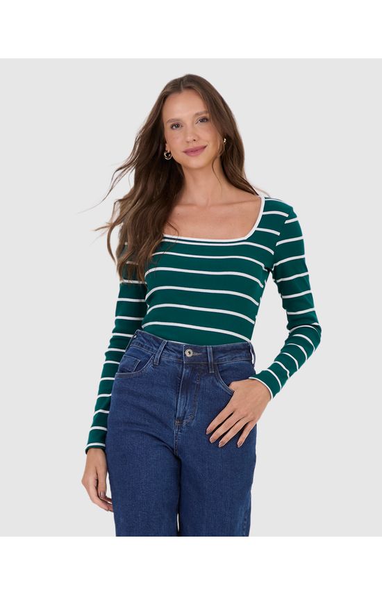 Blusa Feminina Justa Decote Quadrado Em Ribana Listrada