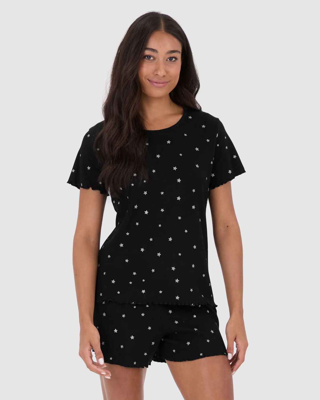 Pijama Feminino Blusa E Shorts Estampado Em Ribana