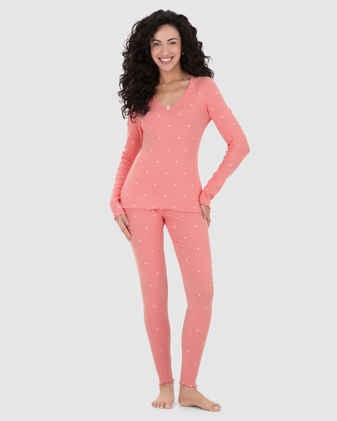 Pijama Feminino Blusa Decote V E Calça Estampada Em Ribana