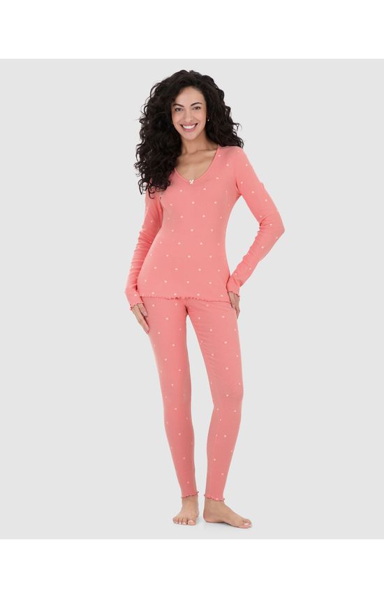 Pijama Feminino Blusa Decote V E Calça Estampada Em Ribana