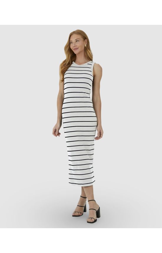 Vestido Midi Feminino Justo Em Ribana Listrada