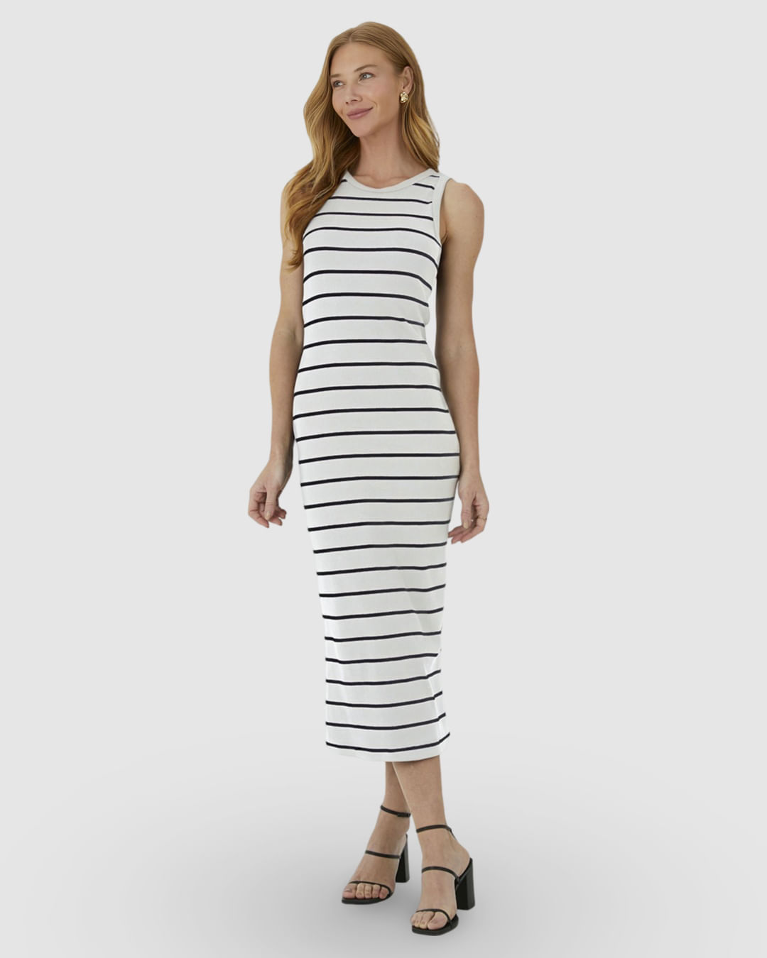 Vestido Midi Feminino Justo Em Ribana Listrada - Imagem 16