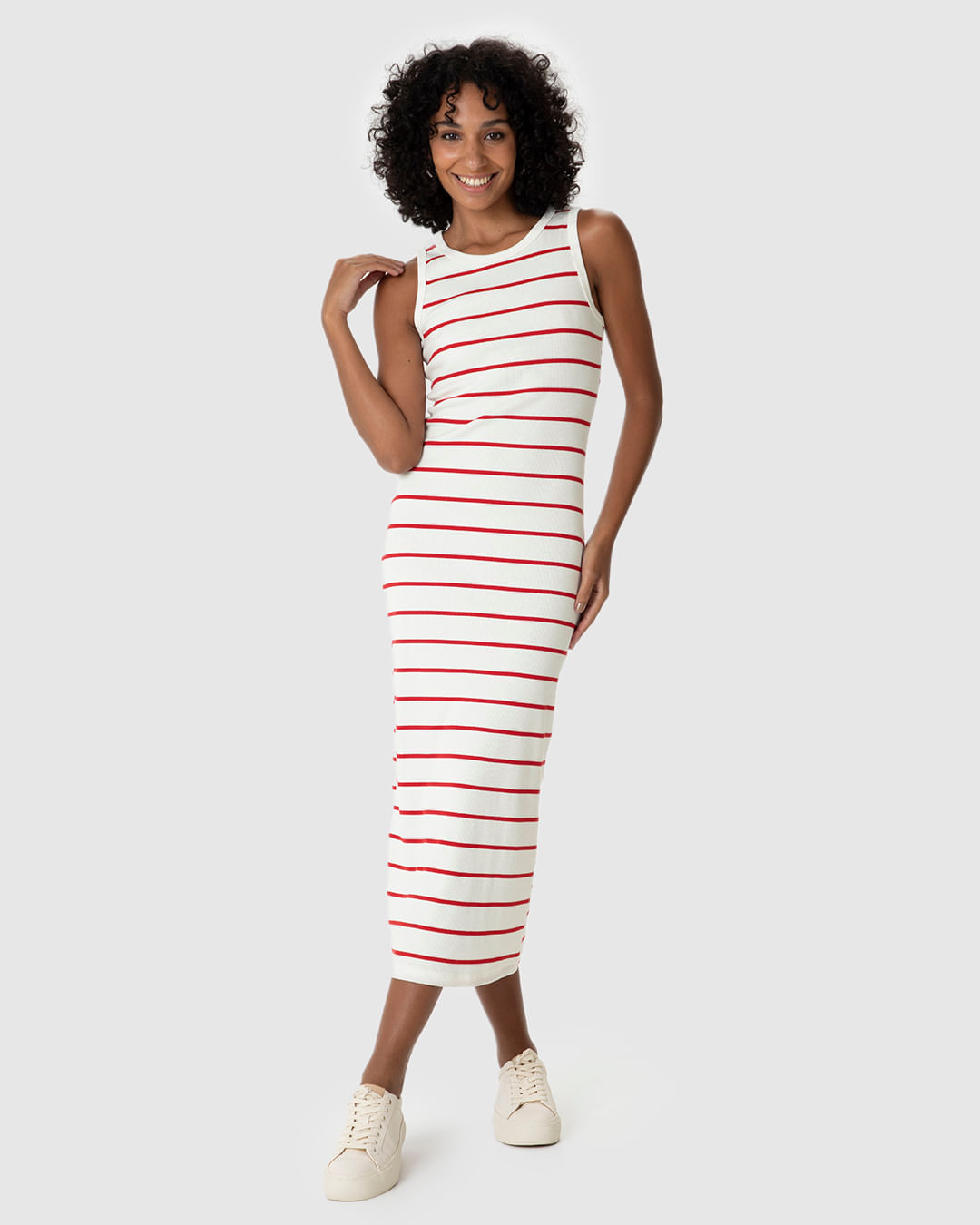 Vestido Midi Feminino Justo Em Ribana Listrada