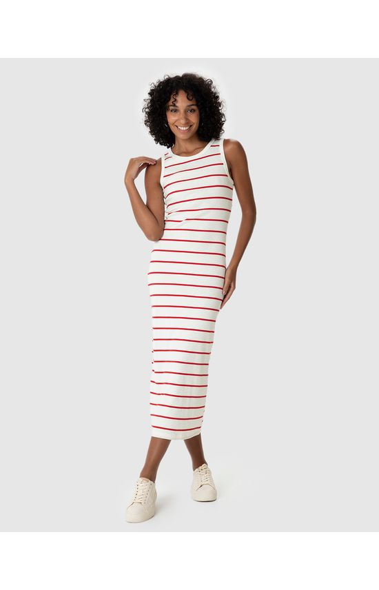 Vestido Midi Feminino Justo Em Ribana Listrada