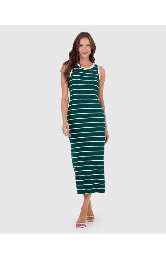 Vestido Midi Feminino Justo Em Ribana Listrada