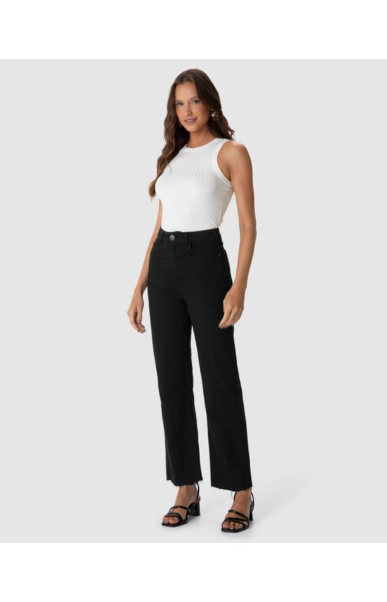 Calça Straight Cropped Feminina Cintura Alta Em Sarja Com Elastano