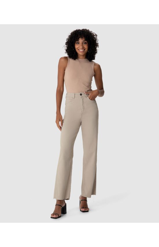 Calça Straight Cropped Feminina Cintura Alta Em Sarja Com Elastano
