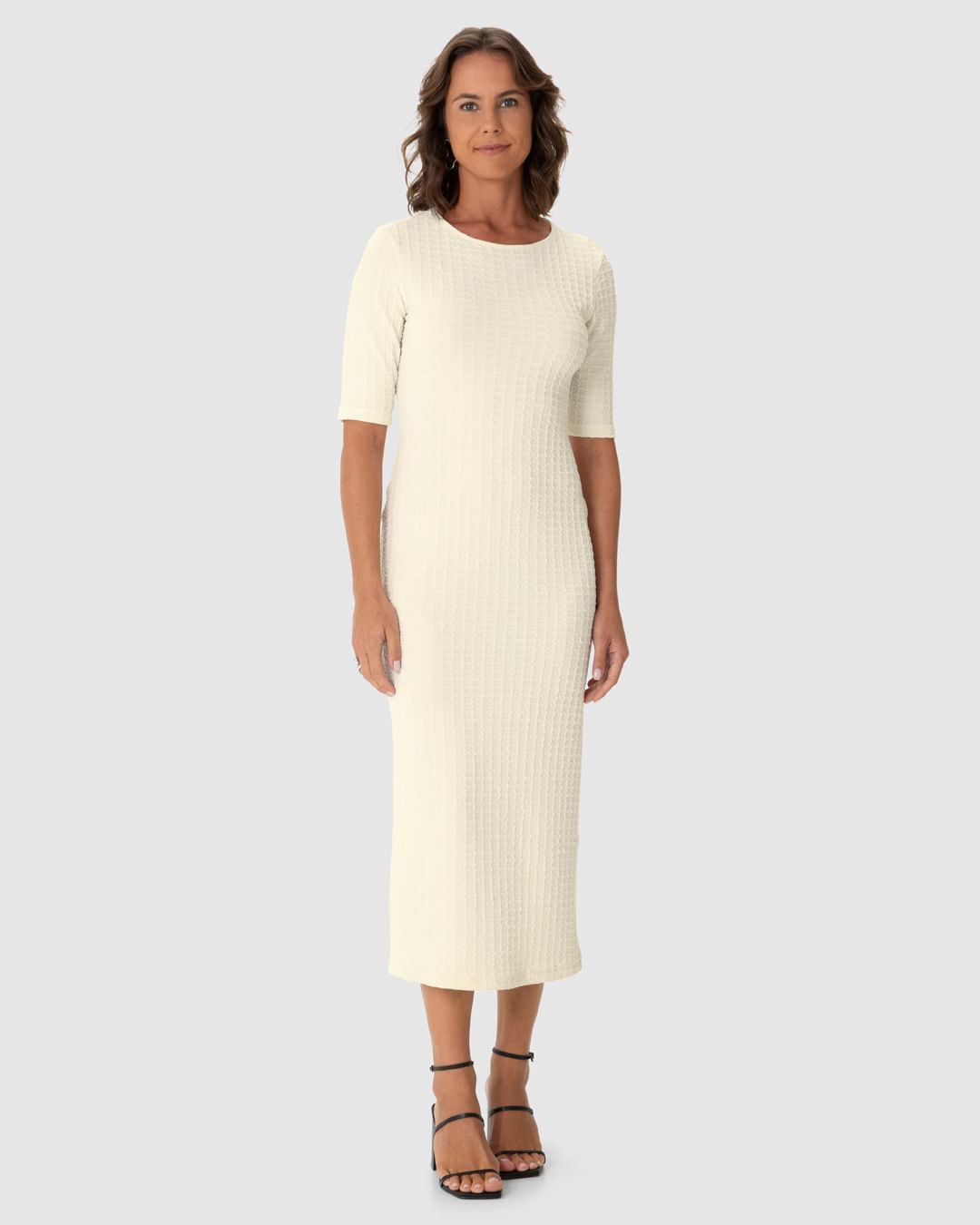 Vestido Midi Feminino Justo Decote Canoa Em Jacquard Texturizado - Imagem 9