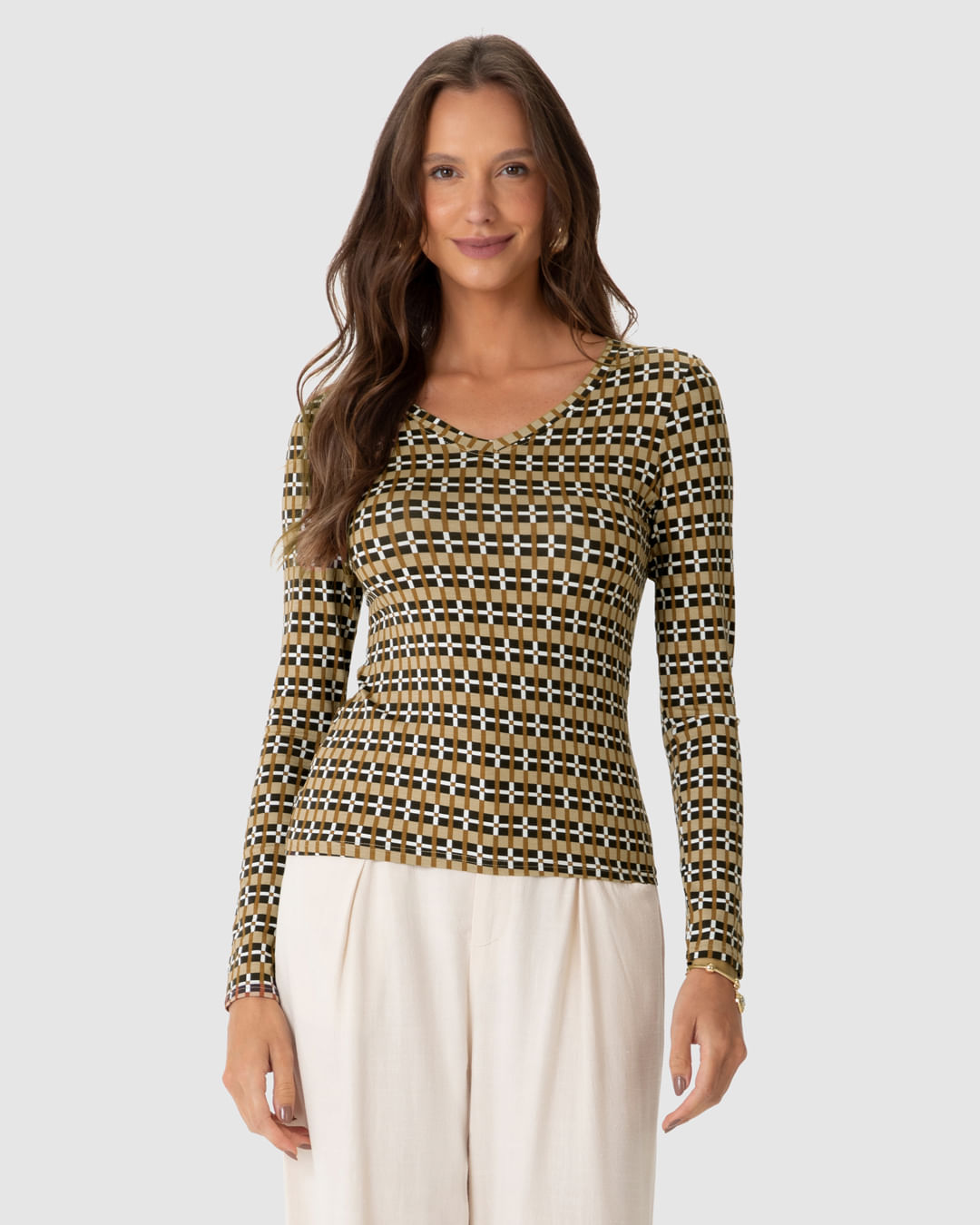 Blusa Justa Feminina Decote V Estampada Em Viscose Stretch - Imagem 29