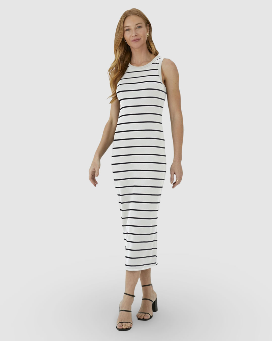 Vestido Midi Feminino Justo Em Ribana Listrada - Imagem 19