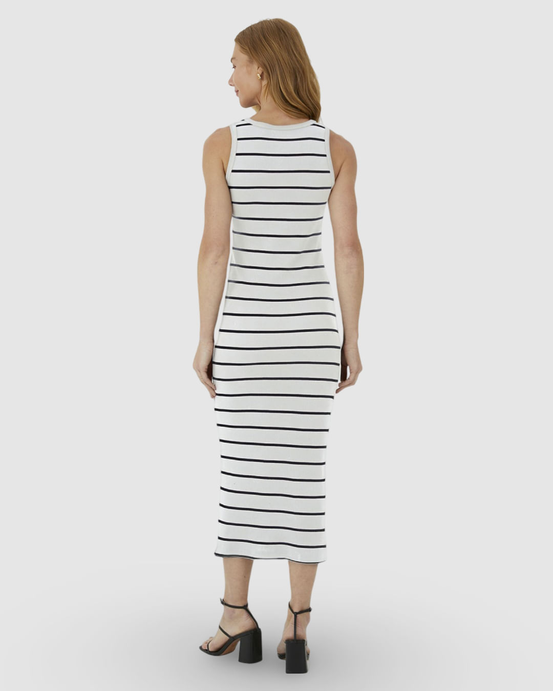 Vestido Midi Feminino Justo Em Ribana Listrada - Imagem 5