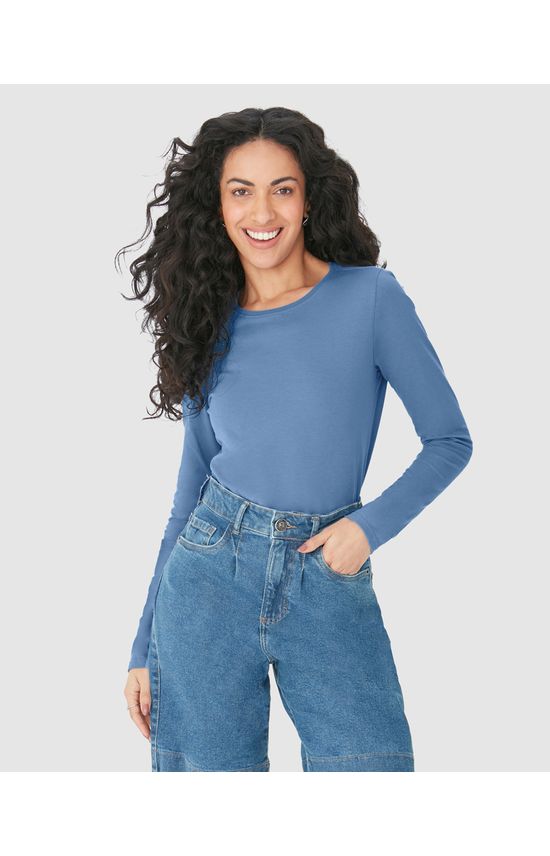 Blusa Básica Feminina Decote Redondo Manga Longa Em Algodão