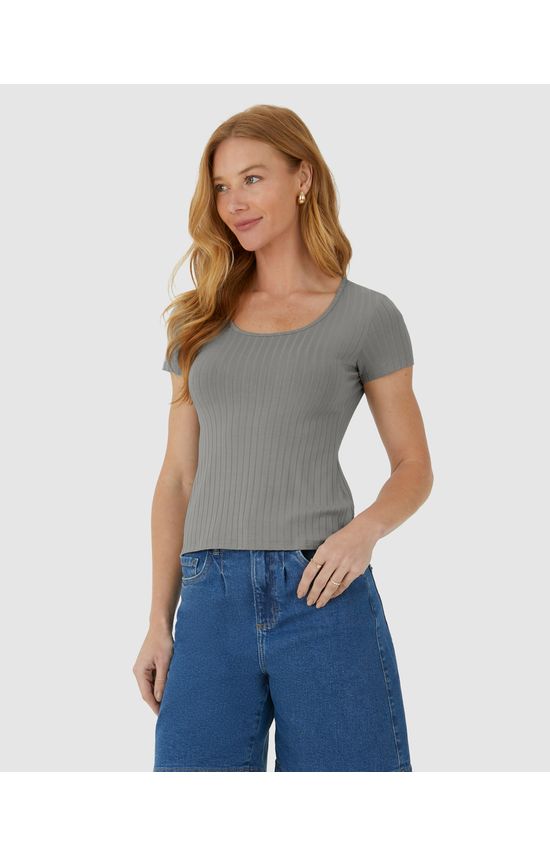 Blusa Básica Feminina Manga Curta Em Canelado De Viscose