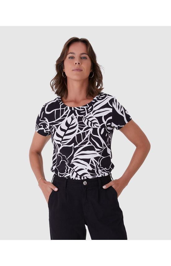 Blusa Feminina Decote Redondo Folhagem Em Algodão