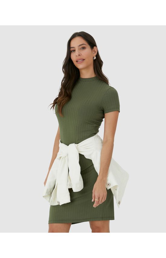 Vestido Básico Feminino Gola Alta Em Malha Canelada De Viscose