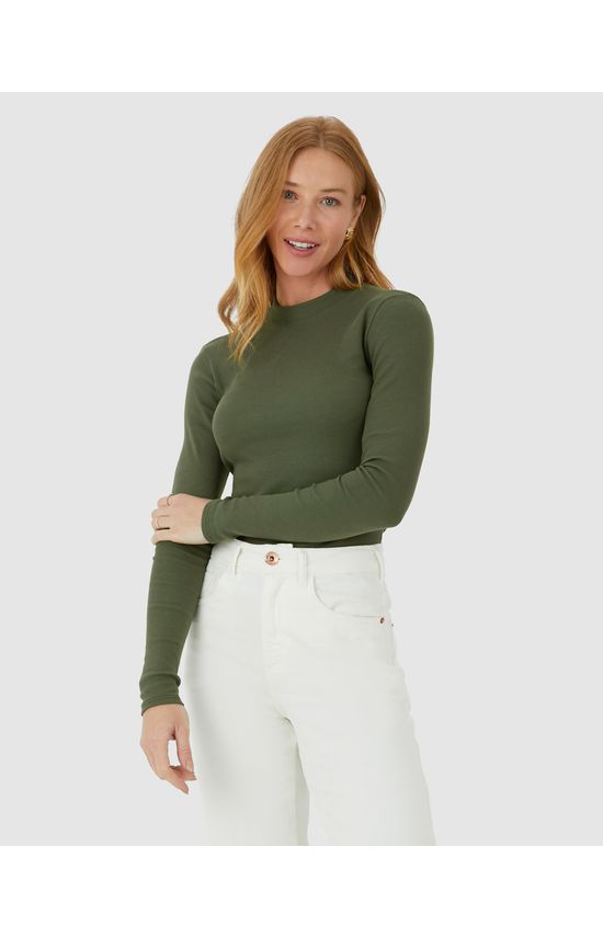 Blusa Básica Feminina Gola Alta Manga Longa Em Ribana