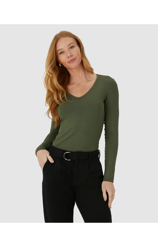 Blusa Básica Feminina Decote V Manga Longa Em Malha Canelada De Viscose