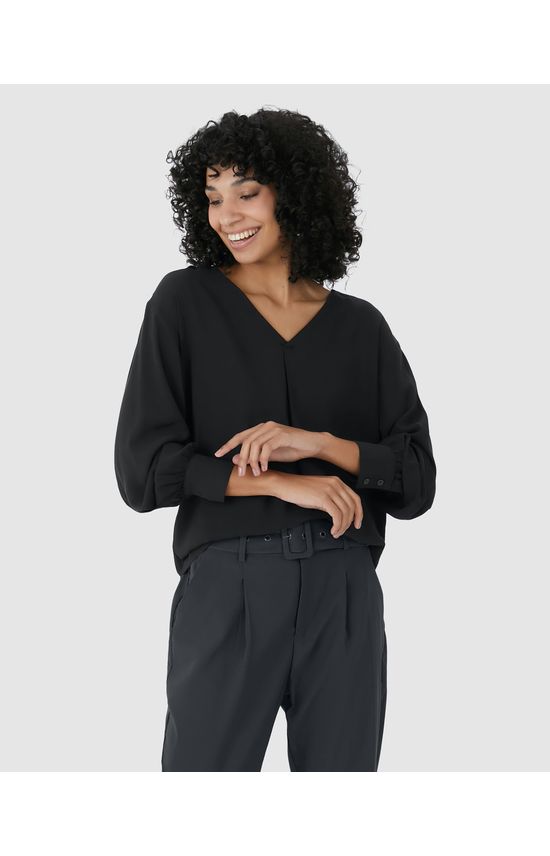 Camisa Ampla Feminina Decote V Abotoamento Frontal Em Viscose Sarjada
