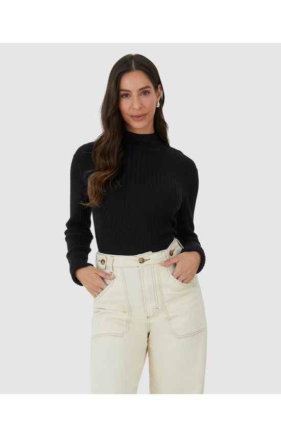 Blusa Básica Feminina Justa Gola Alta Em Tricô Canelado