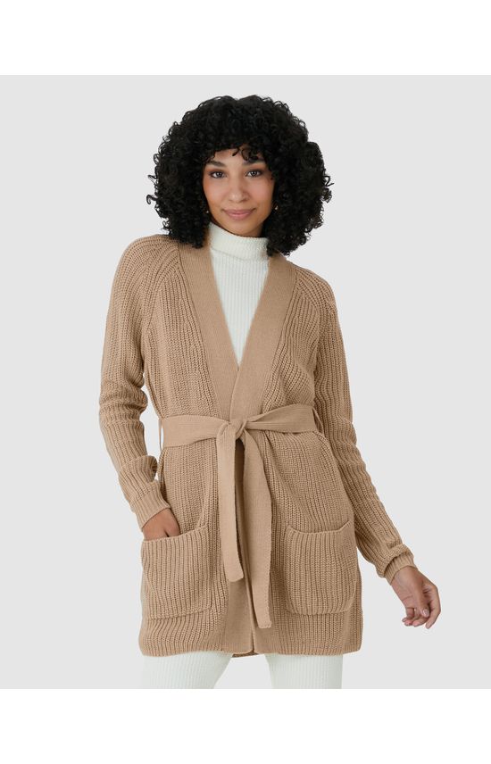 Cardigan Feminino Transpassado Com Cinto Em Tricô