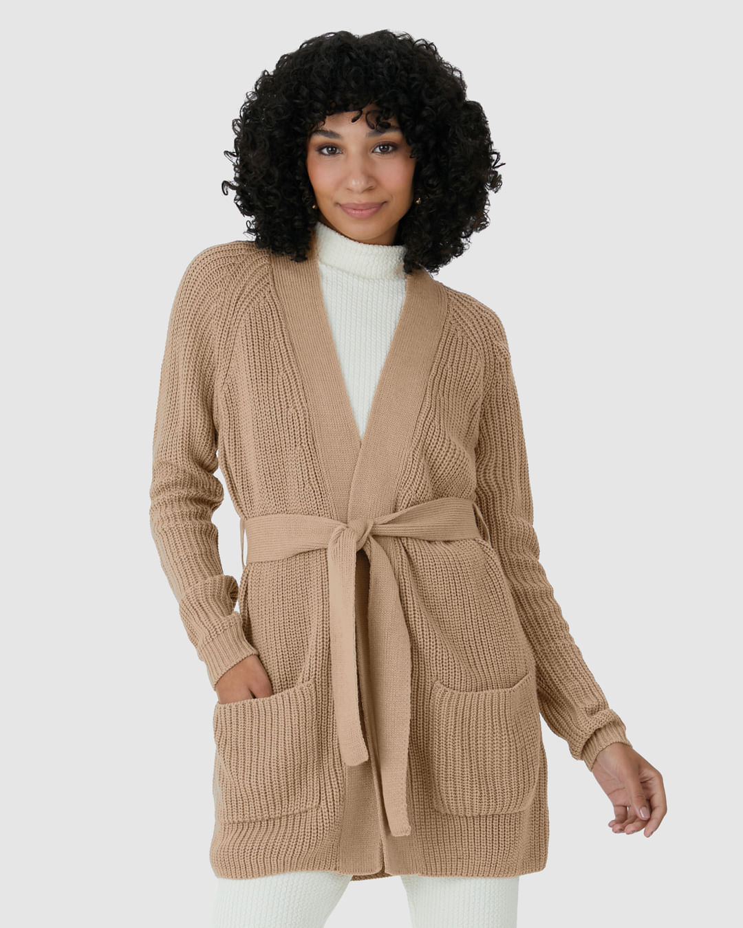 Cardigan Feminino Transpassado Com Cinto Em Tricô - Imagem 6