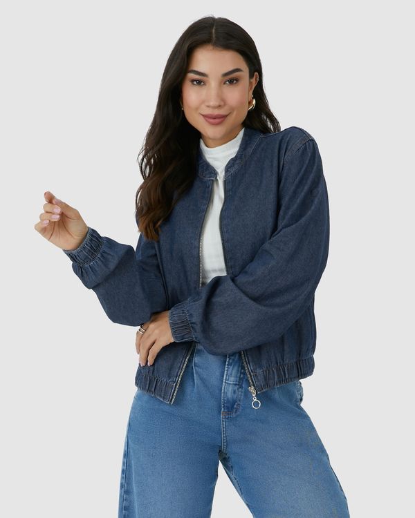 Jaqueta Feminina Bomber Abertura Zíper Em Jeans Leve 100% Algodão Azul - P