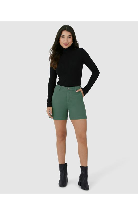 Shorts Feminino Alfaiataria Cintura Alta Em Sarja Com Elastano