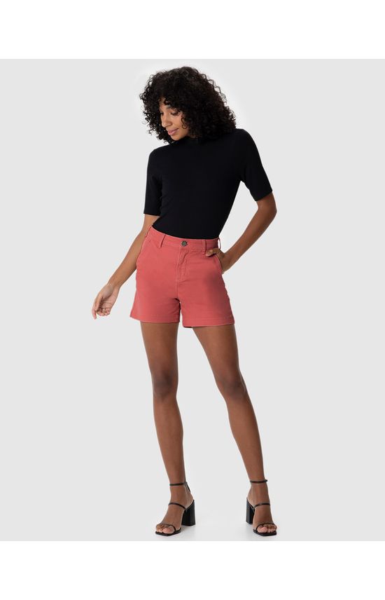 Shorts Feminino Alfaiataria Cintura Alta Em Sarja Com Elastano