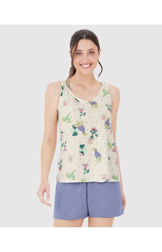 Pijama Feminino Regata Estampada Em Algodão
