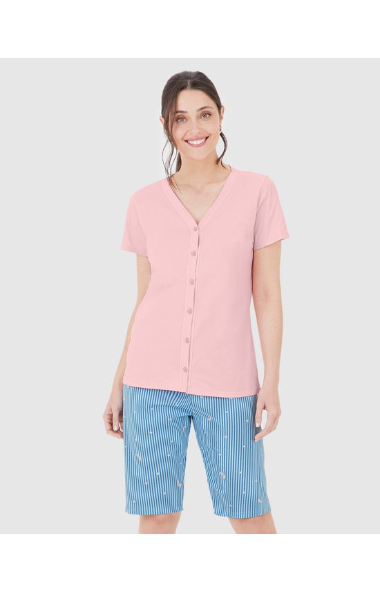 Pijama Feminino Camisa Abotoamento Frontal E Bermuda Em Algodão