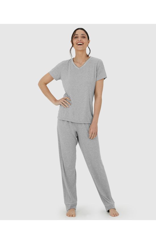 Pijama Feminino Blusa Decote V E Calça Em Viscose Stretch