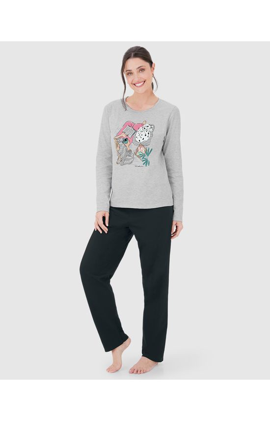 Pijama Feminino Blusa Estampada Manga Longa Em Algodão