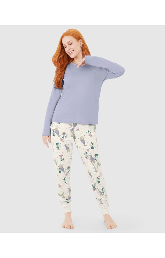 Pijama Feminino Blusa Manga Longa E Calça Estampada Em Algodão
